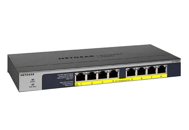 Netgear | 8-Port Gigabit Ethernet High-power PoE+ Unmanaged Switch with FlexPoE (123W) (GS108PP)